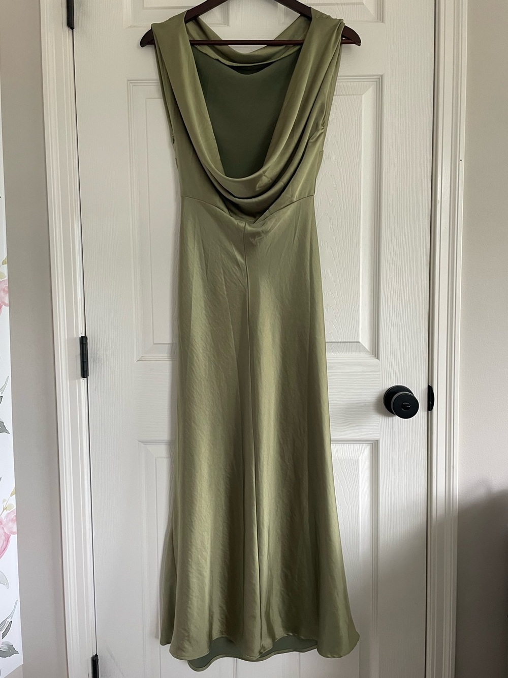 NWT Olive Green Satin Cowl Neck Midi Dress wedding guest fall wedding bridesmaid - Picture 4 of 13